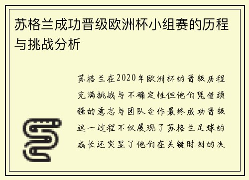 苏格兰成功晋级欧洲杯小组赛的历程与挑战分析